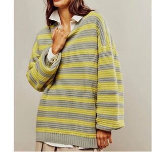 Free People Links Pullover Sweater M Crewneck Knit Oversized Striped Slouchy